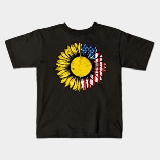 Sunflower American Flag Hockey Lover Gifts 4th Of July Kids T-Shirt